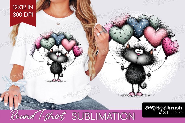 Whimsical Cat Round Tshirt Background - Valentines Day PNG