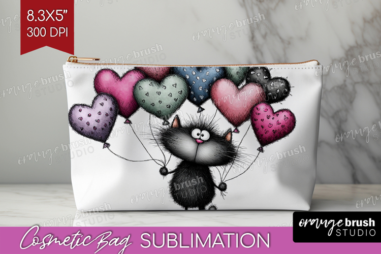 Whimsical Cat Cosmetic Bag - Valentines Day Makeup Bag PNG