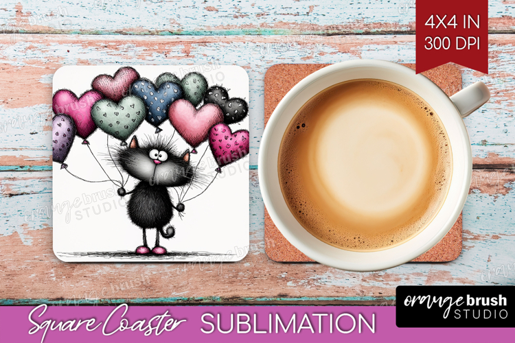 Whimsical Cat Square Coaster - Valentines Day Coaster PNG