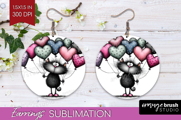 Whimsical Cat Round Earrings - Valentines Day PNG