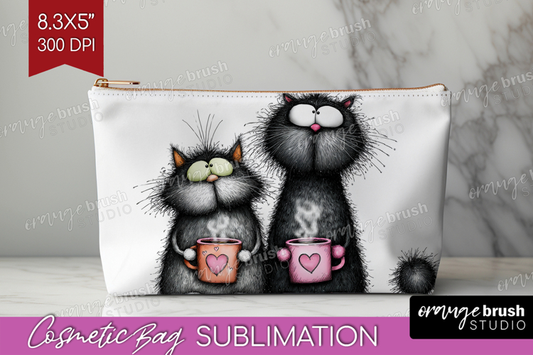 Whimsical Cat Cosmetic Bag - Valentines Day Makeup Bag PNG