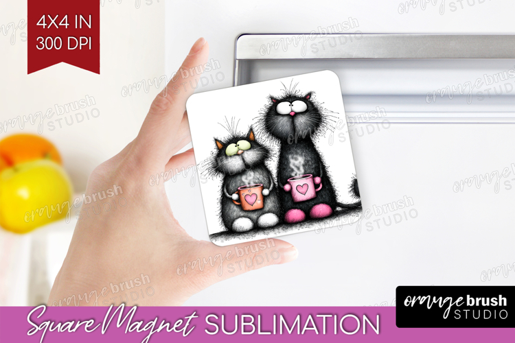 Whimsical Cat Magnet Sublimation - Valentines Day Square PNG