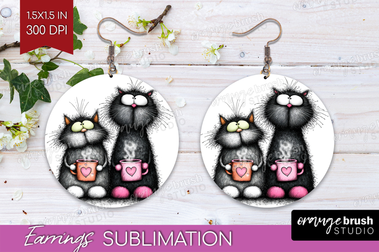 Whimsical Cat Round Earrings - Valentines Day PNG