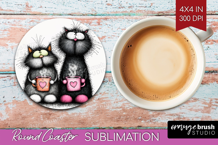 Whimsical Cat Round Coaster - Valentines Day Coaster PNG