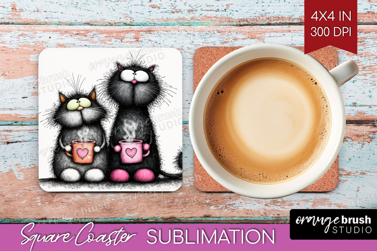 Whimsical Cat Square Coaster - Valentines Day Coaster PNG
