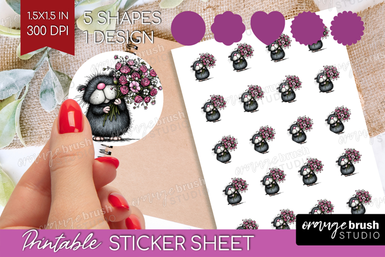 Whimsical Cat Round Sticker - Valentines Day Printable Sheet