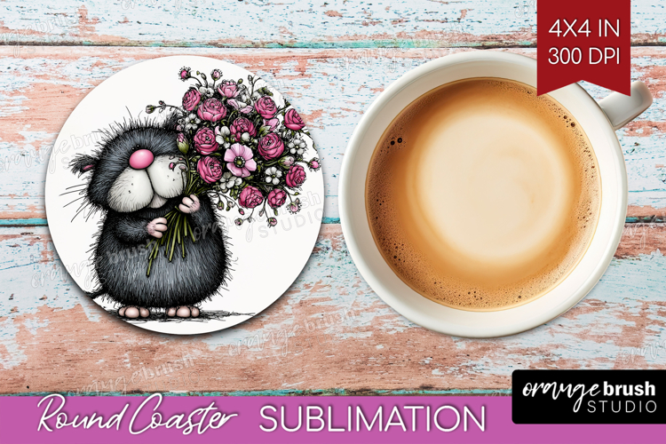 Whimsical Cat Round Coaster - Valentines Day Coaster PNG