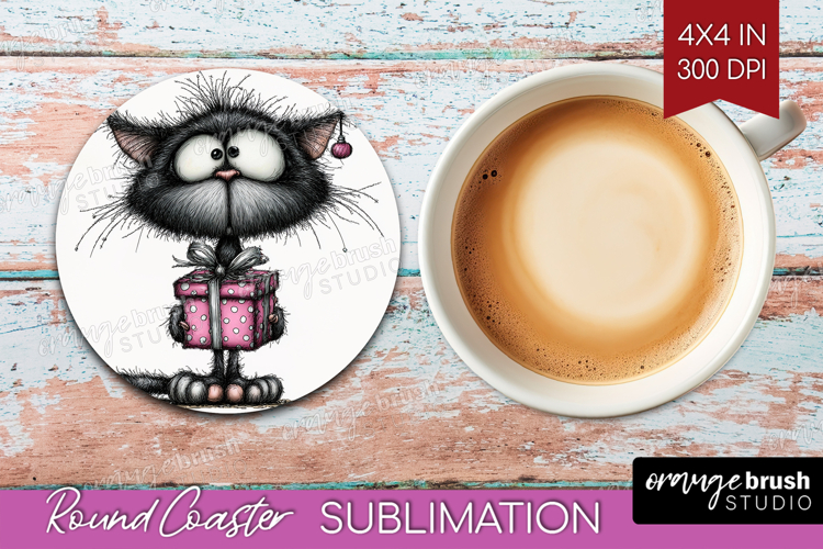 Whimsical Cat Round Coaster - Valentines Day Coaster PNG