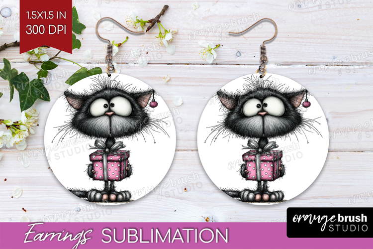 Whimsical Cat Round Earrings - Valentines Day PNG