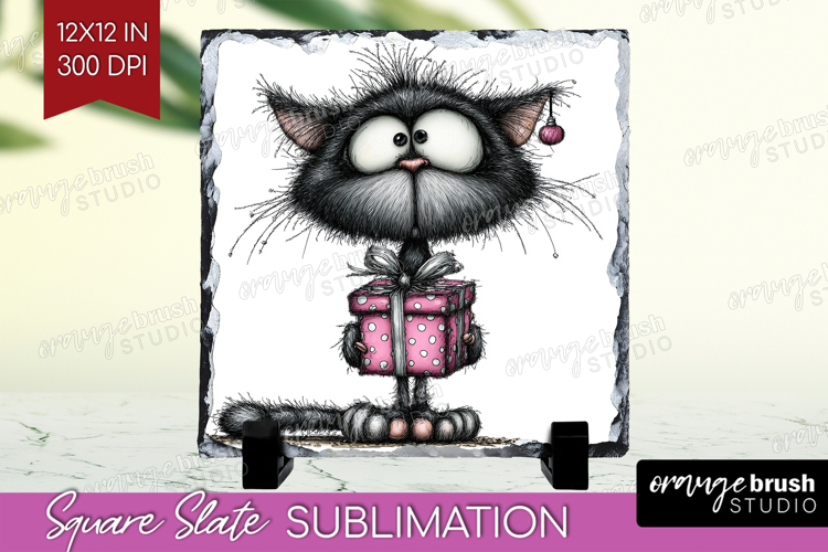 Whimsical Cat Slate PNG - Valentines Day Square Slate