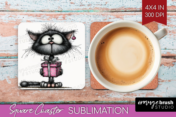 Whimsical Cat Square Coaster - Valentines Day Coaster PNG