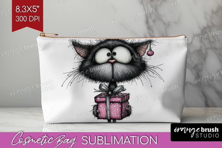 Whimsical Cat Cosmetic Bag - Valentines Day Makeup Bag PNG