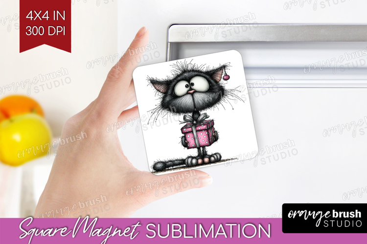 Whimsical Cat Magnet Sublimation - Valentines Day Square PNG