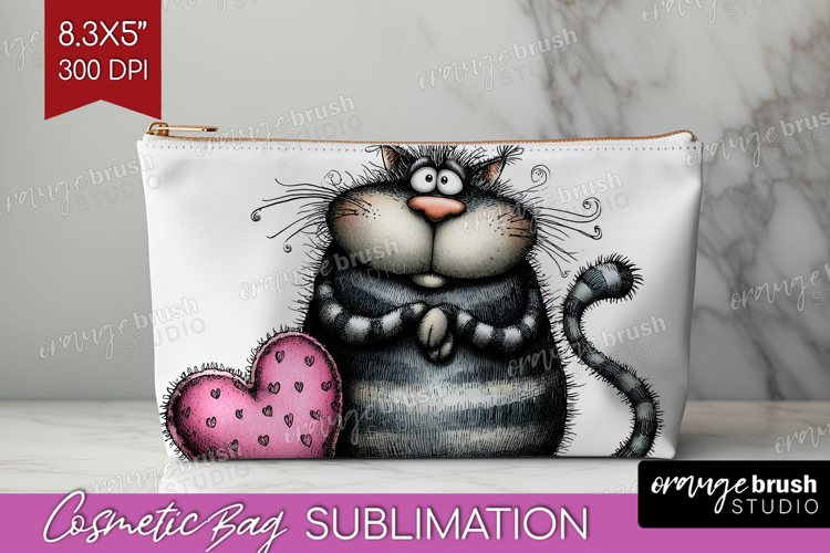 Whimsical Cat Cosmetic Bag - Valentines Day Makeup Bag PNG