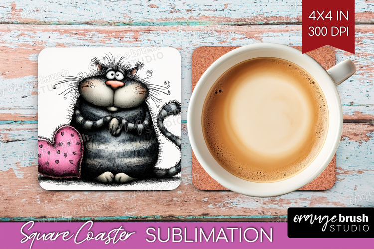 Whimsical Cat Square Coaster - Valentines Day Coaster PNG
