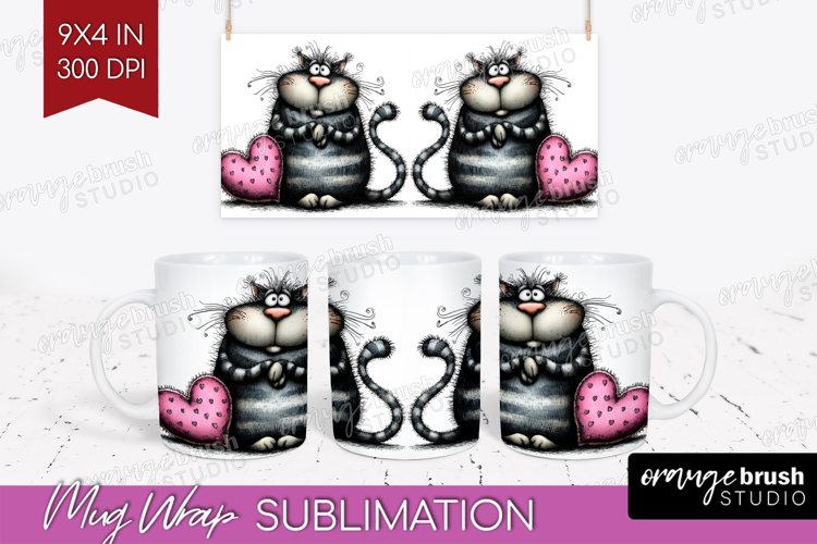 Whimsical Cat Mug Wrap - Valentines Day Mug PNG Sublimation