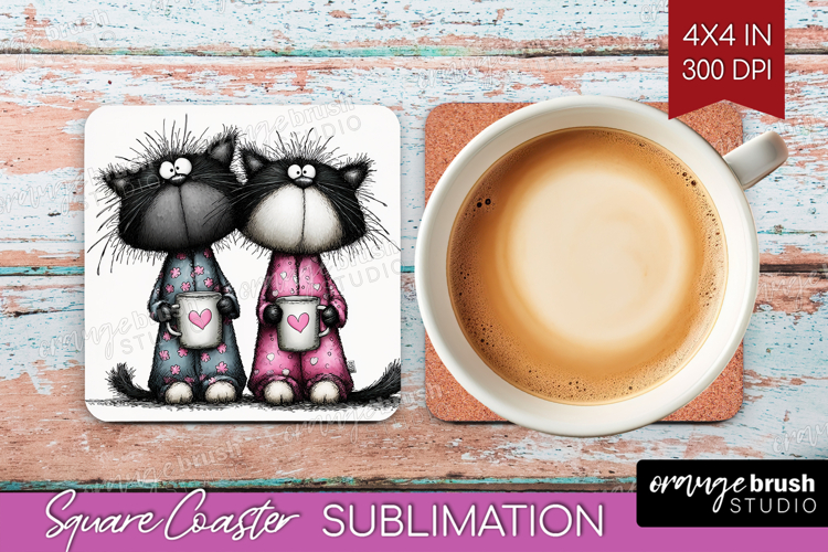 Whimsical Cat Square Coaster - Valentines Day Coaster PNG