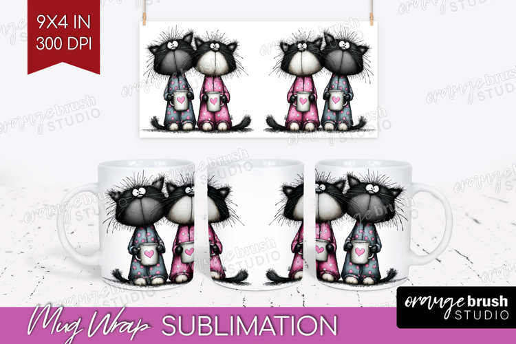 Whimsical Cat Mug Wrap - Valentines Day Mug PNG Sublimation