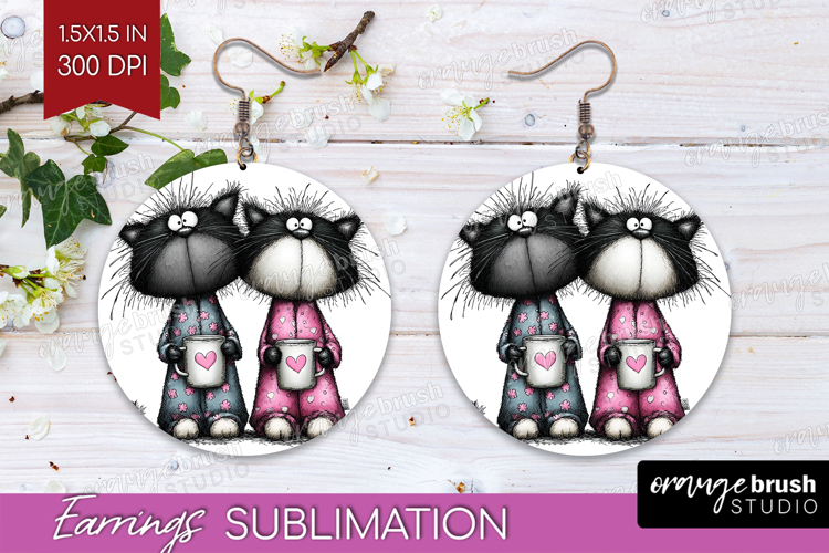 Whimsical Cat Round Earrings - Valentines Day PNG