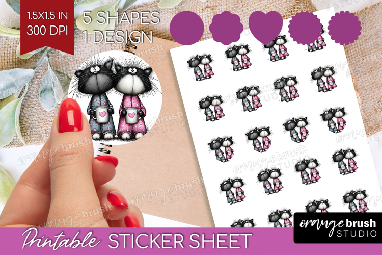 Whimsical Cat Round Sticker - Valentines Day Printable Sheet
