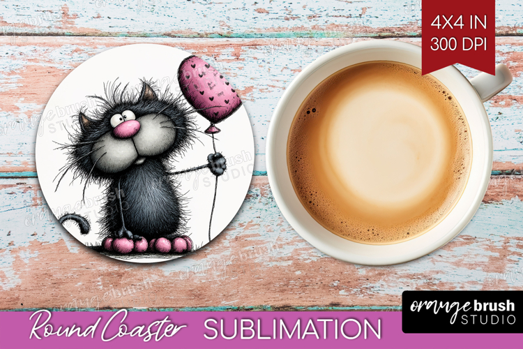Whimsical Cat Round Coaster - Valentines Day Coaster PNG