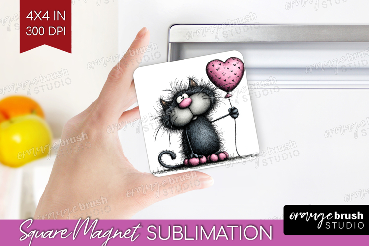 Whimsical Cat Magnet Sublimation - Valentines Day Square PNG