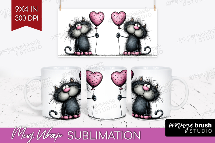Whimsical Cat Mug Wrap - Valentines Day Mug PNG Sublimation