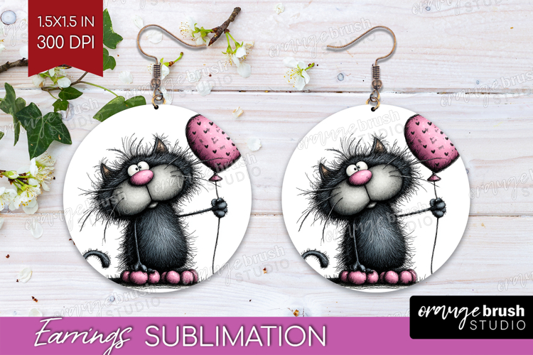 Whimsical Cat Round Earrings - Valentines Day PNG