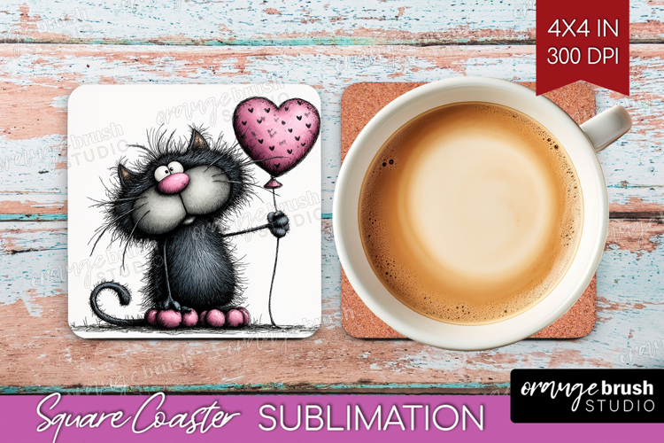 Whimsical Cat Square Coaster - Valentines Day Coaster PNG