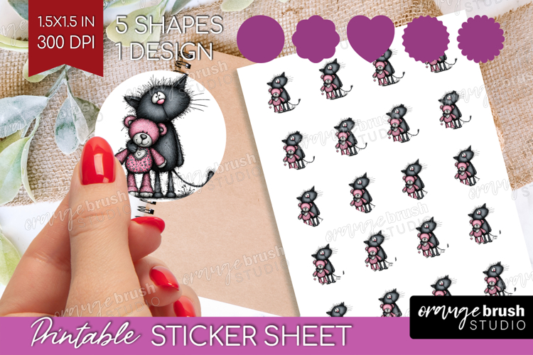 Whimsical Cat Round Sticker - Valentines Day Printable Sheet
