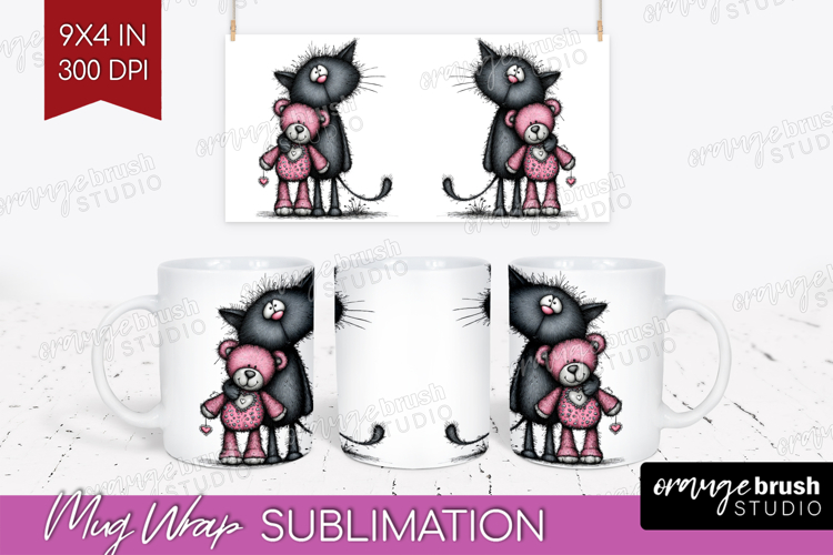 Whimsical Cat Mug Wrap - Valentines Day Mug PNG Sublimation