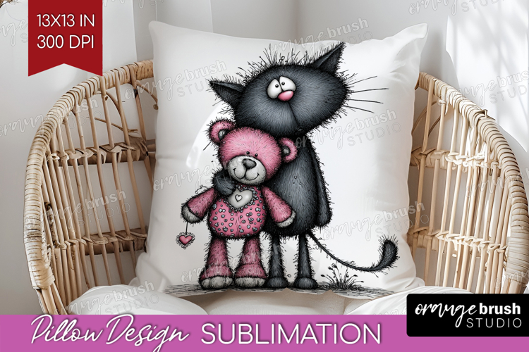Whimsical Cat Pillow Sublimation - Valentines Day Pillow PNG