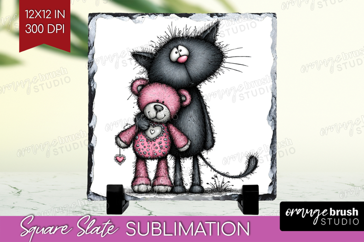 Whimsical Cat Slate PNG - Valentines Day Square Slate