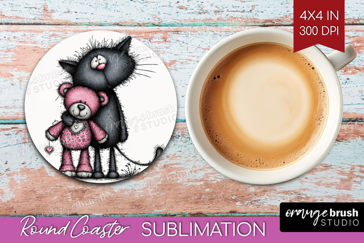 Whimsical Cat Round Coaster - Valentines Day Coaster PNG