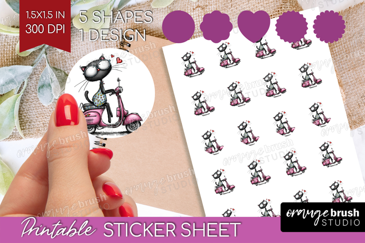 Whimsical Cat Round Sticker - Valentines Day Printable Sheet