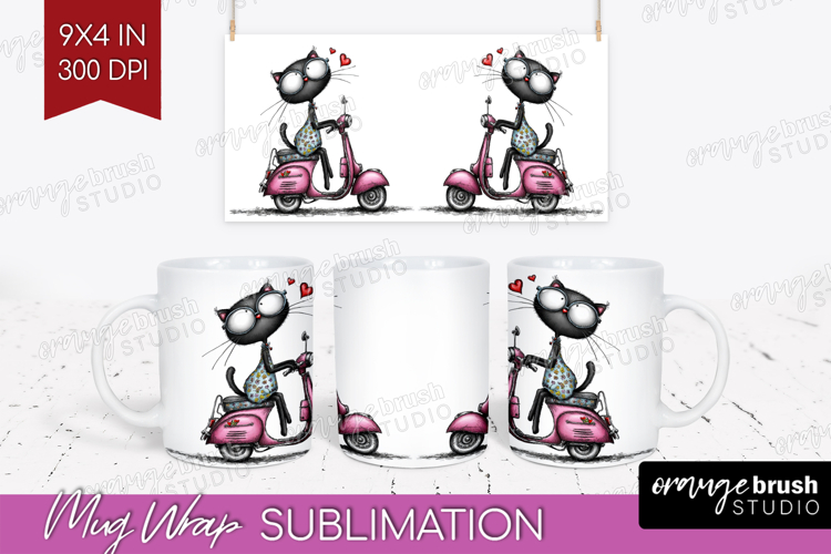Whimsical Cat Mug Wrap - Valentines Day Mug PNG Sublimation