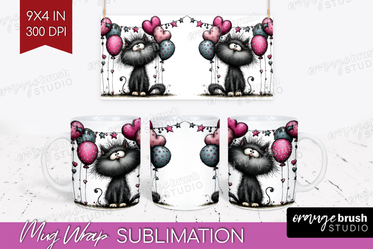 Whimsical Cat Mug Wrap - Valentines Day Mug PNG Sublimation