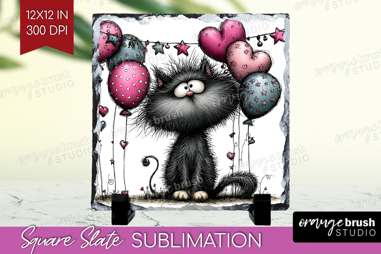 Whimsical Cat Slate PNG - Valentines Day Square Slate