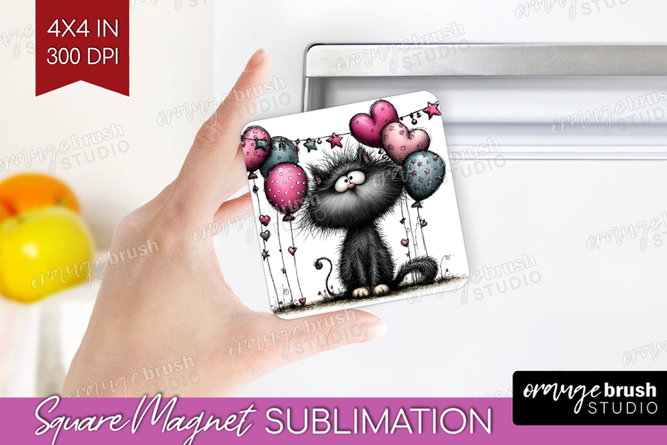 Whimsical Cat Magnet Sublimation - Valentines Day Square PNG