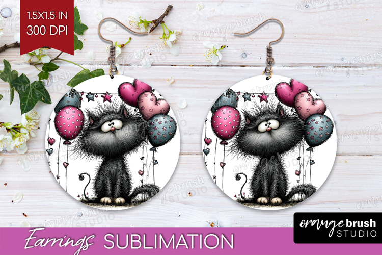 Whimsical Cat Round Earrings - Valentines Day PNG