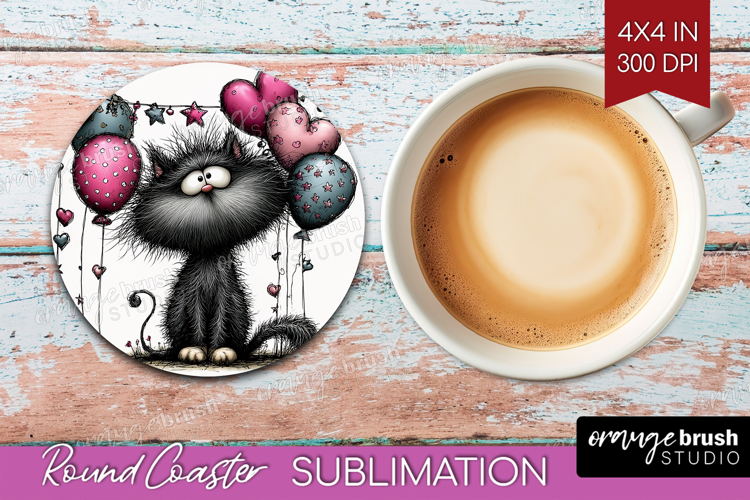 Whimsical Cat Round Coaster - Valentines Day Coaster PNG