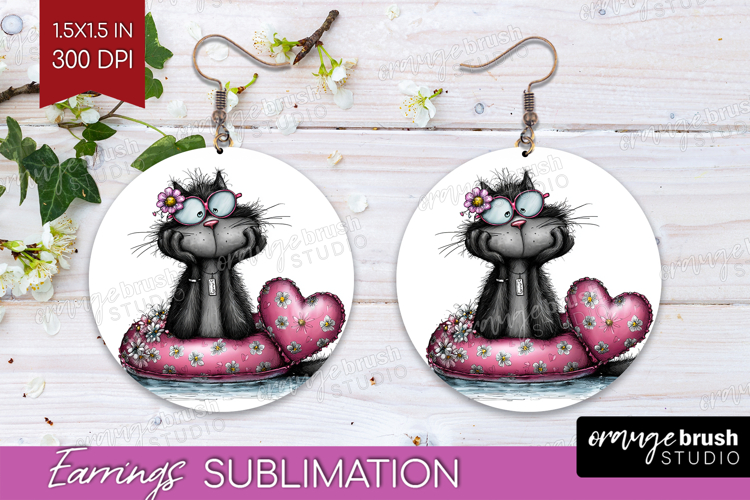 Whimsical Cat Round Earrings - Valentines Day PNG
