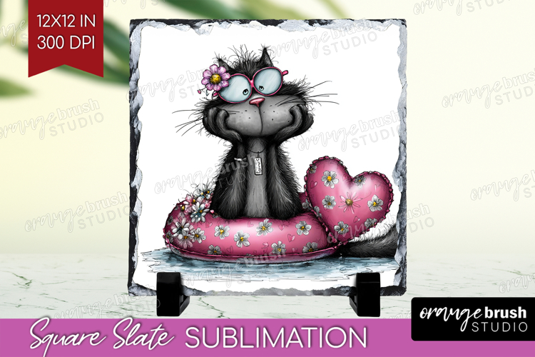 Whimsical Cat Slate PNG - Valentines Day Square Slate