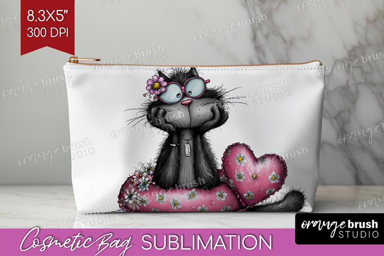 Whimsical Cat Cosmetic Bag - Valentines Day Makeup Bag PNG