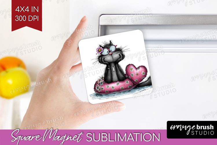 Whimsical Cat Magnet Sublimation - Valentines Day Square PNG