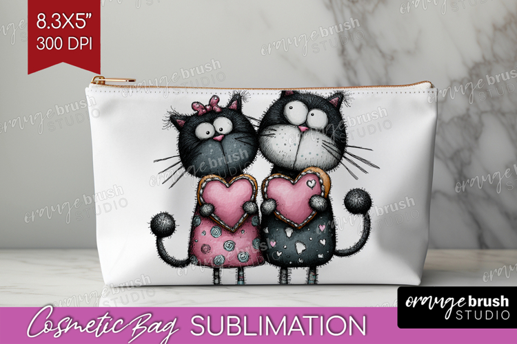 Whimsical Cat Cosmetic Bag - Valentines Day Makeup Bag PNG
