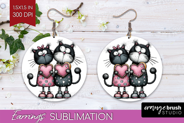 Whimsical Cat Round Earrings - Valentines Day PNG