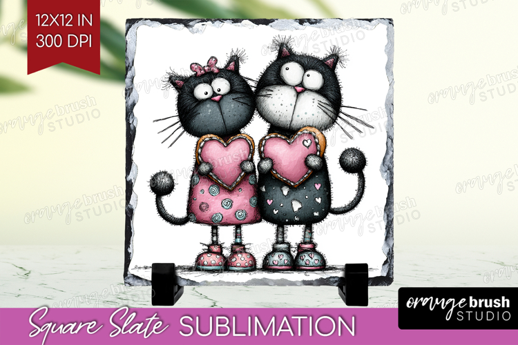 Whimsical Cat Slate PNG - Valentines Day Square Slate