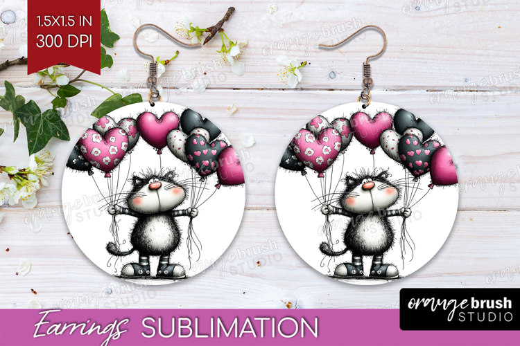 Whimsical Cat Round Earrings - Valentines Day PNG