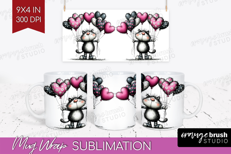 Whimsical Cat Mug Wrap - Valentines Day Mug PNG Sublimation